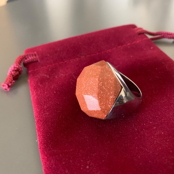Faceted Aventurine Statement Ring – Silver Tone Geometric Dome Cocktail Jewelry - Picture 2 of 7